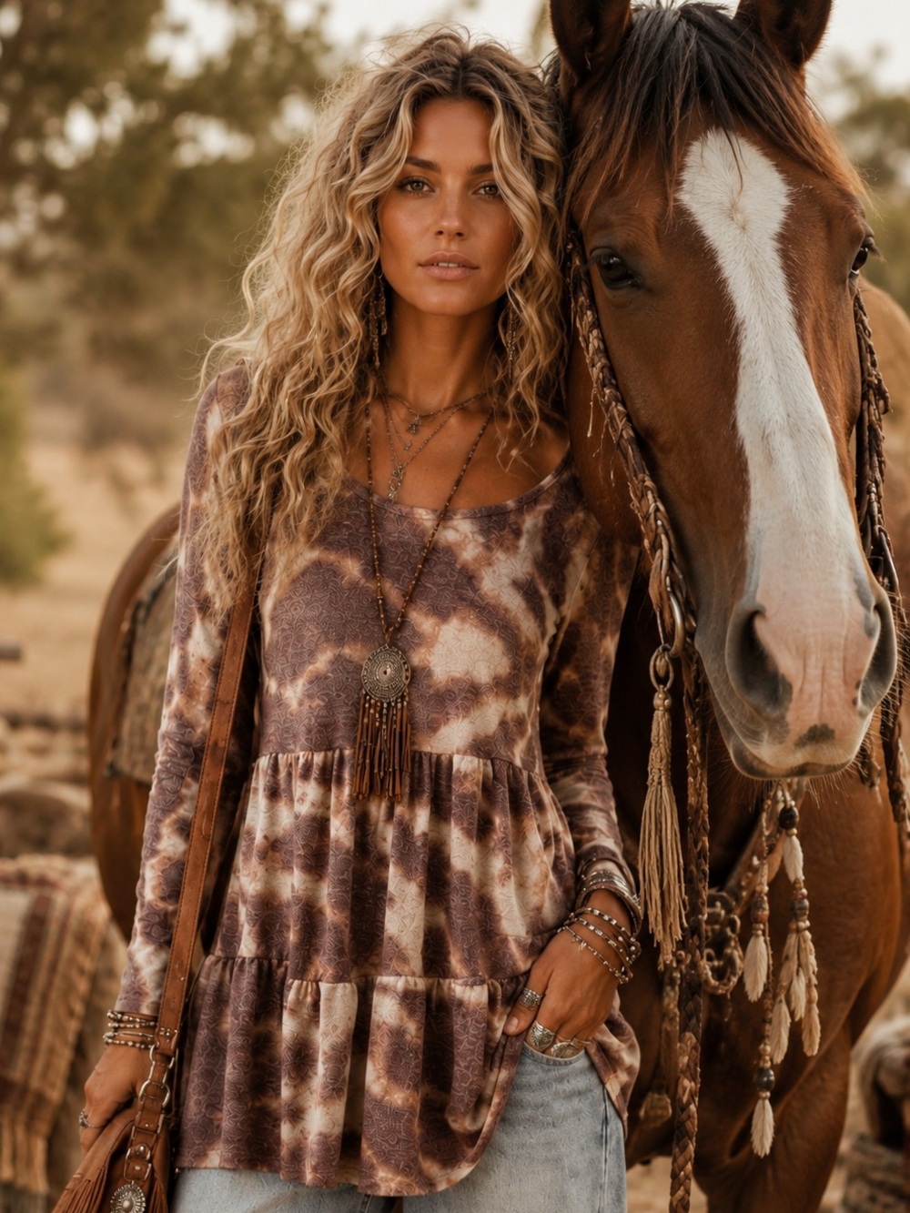 love, Fire Brown &‎ Cream Tie-Dye Peplum Tunic Top